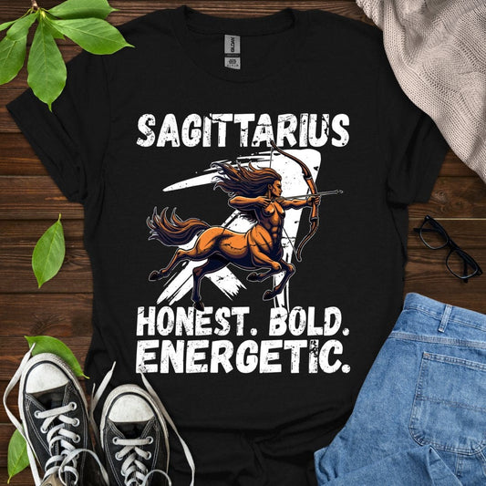 Printify T-Shirt Black / XS Sagittarius - Honest. Bold. Energetic