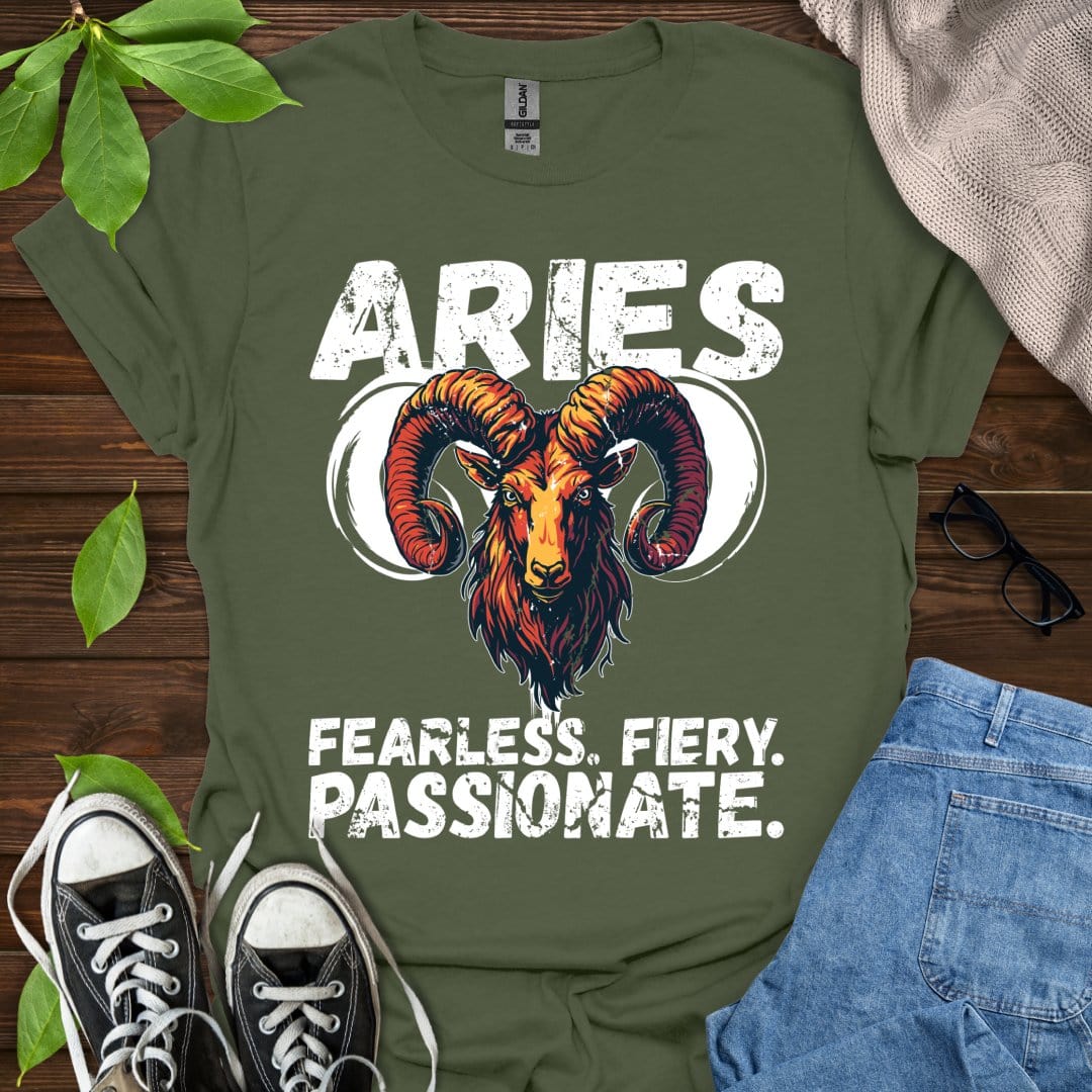 Printify T-Shirt Military Green / S Aries - Fearless. Fiery. Passionate.