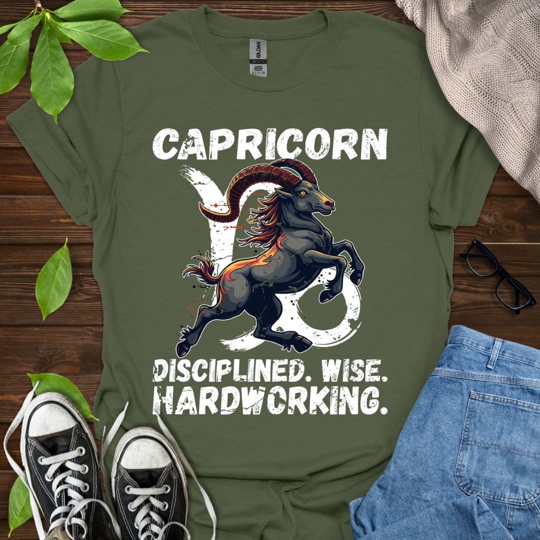 Printify T-Shirt Military Green / S Capricorn - Disciplined. Wise. Hardworking.