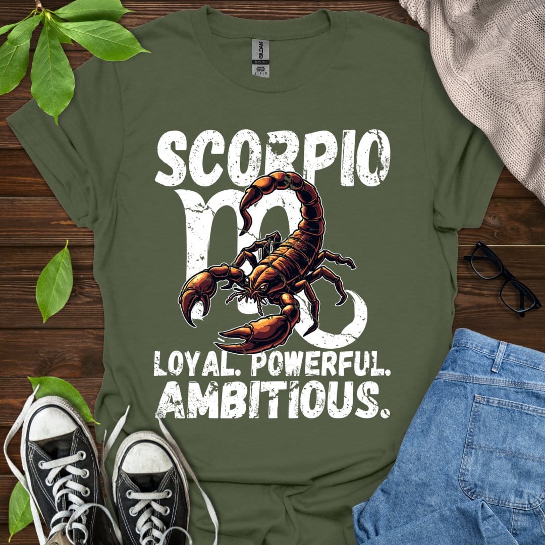 Printify T-Shirt Military Green / S Scorpio - Loyal. Powerful. Ambitious