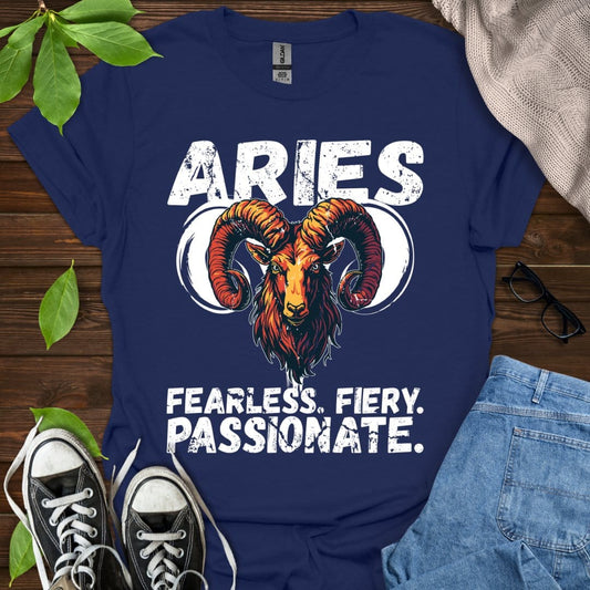 Printify T-Shirt Navy / XS Aries - Fearless. Fiery. Passionate.