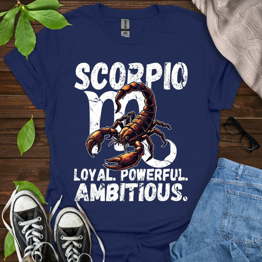 Printify T-Shirt Navy / XS Scorpio - Loyal. Powerful. Ambitious