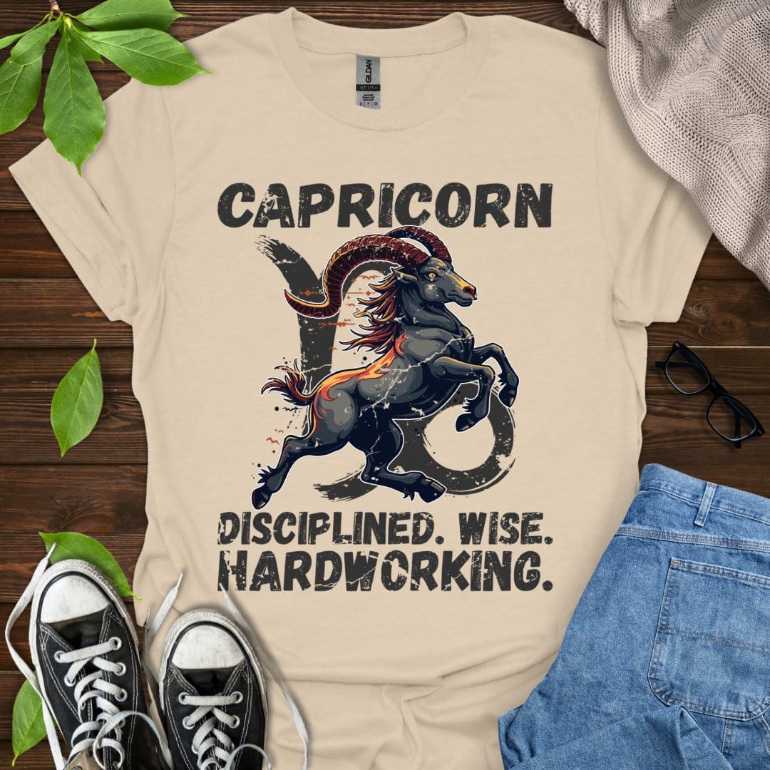 Printify T-Shirt Sand / S Capricorn - Disciplined. Wise. Hardworking.