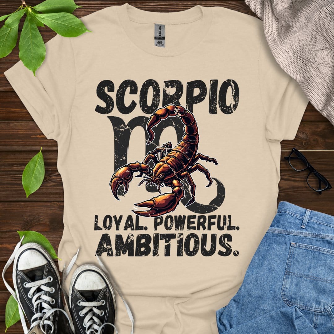 Printify T-Shirt Sand / S Scorpio - Loyal. Powerful. Ambitious