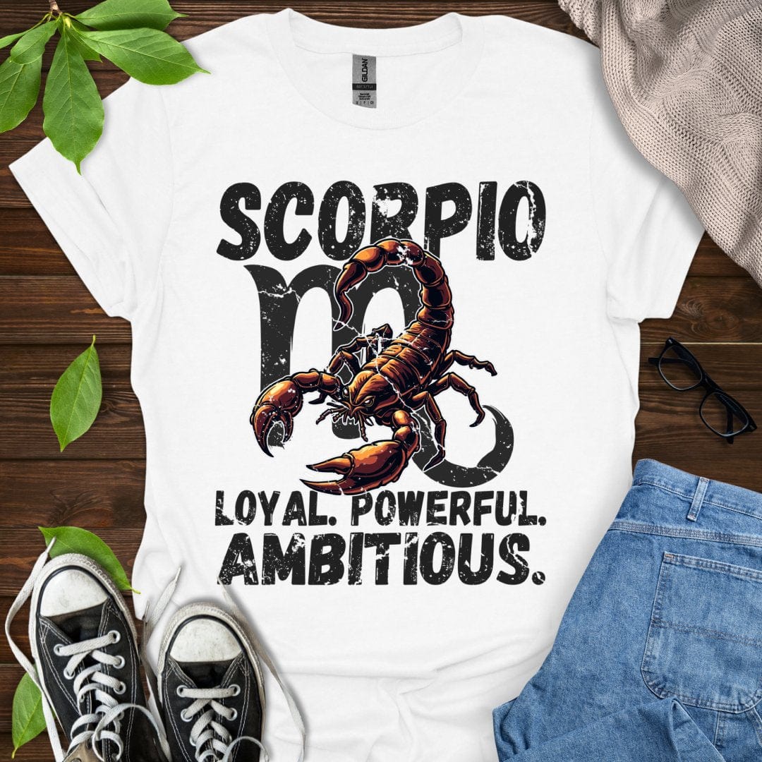 Printify T-Shirt White / XS Scorpio - Loyal. Powerful. Ambitious